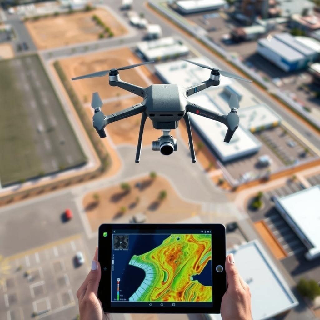 Drone scanning topography in Las Vegas to capture accurate site data for as-built documentation and 3D modeling.