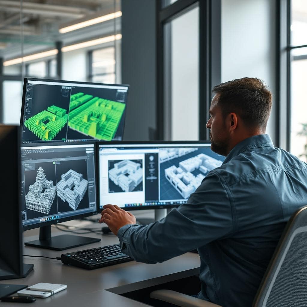 Drafter building a BIM model on a computer using 3D laser scan data for accurate as-built documentation.