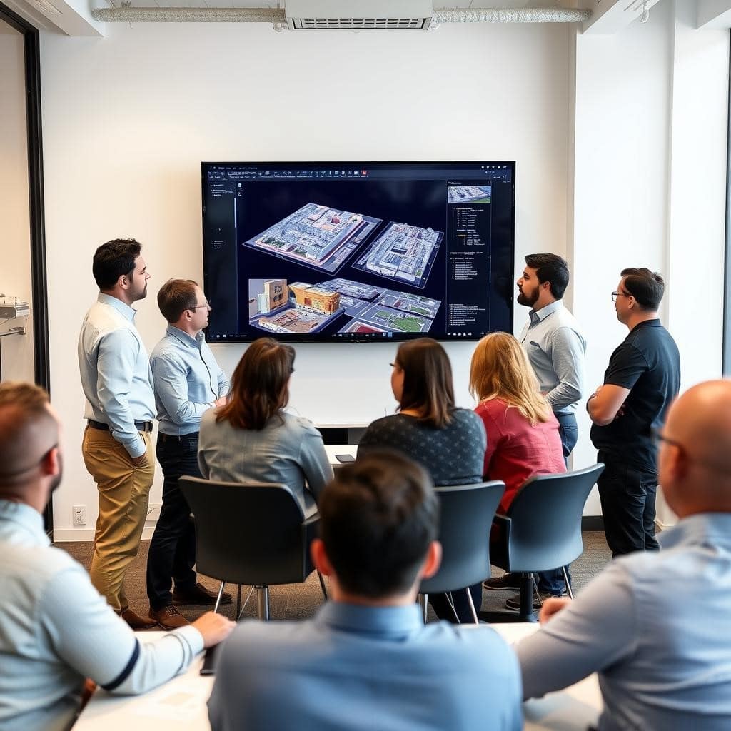 Clients reviewing a 3D building model created from LiDAR scanning for design and as-built verification.