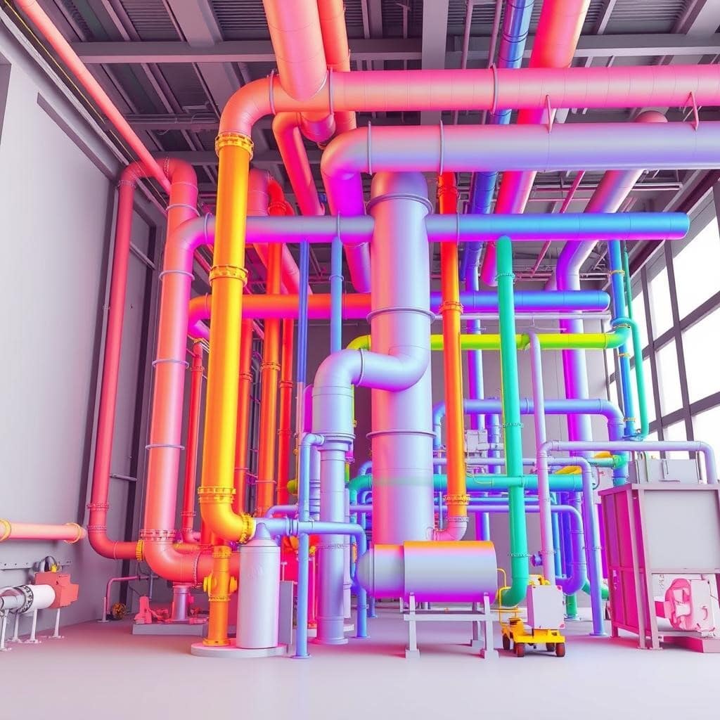 BIM model showing large MEP equipment highlighted in bright colors for coordination and as-built documentation