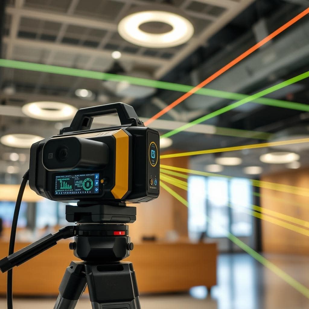 3D camera capturing photos inside an office for LiDAR scanning and as-built documentation.