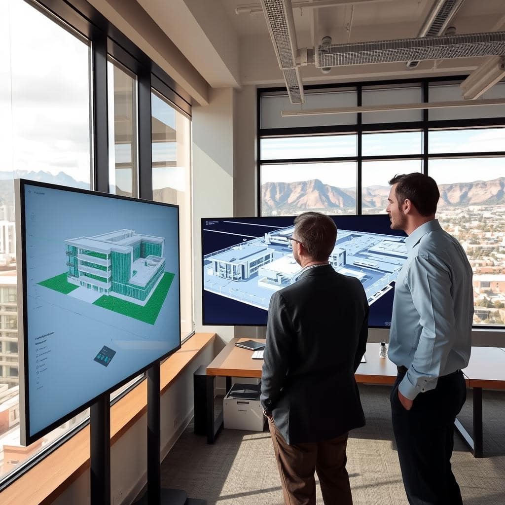 Architects reviewing 3D BIM models created from LiDAR scanning for design coordination and as-built verification.