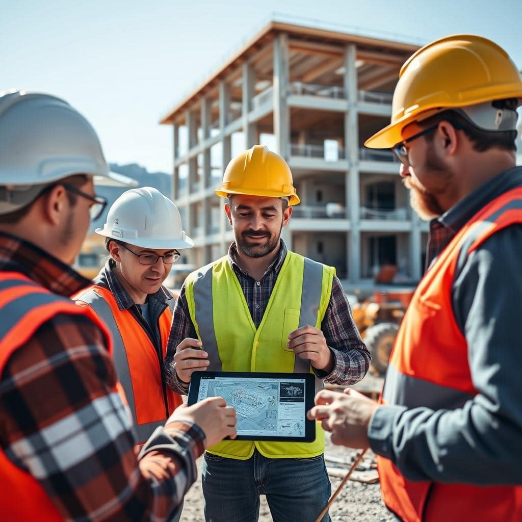 Contractors discussing a 3D building model created from LiDAR scanning for construction coordination.