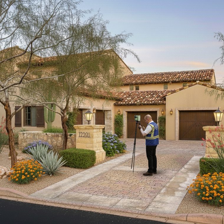 3D scanning technician capturing a luxury home in Scottsdale, Arizona using laser scanning equipment for accurate as-built documentation.
