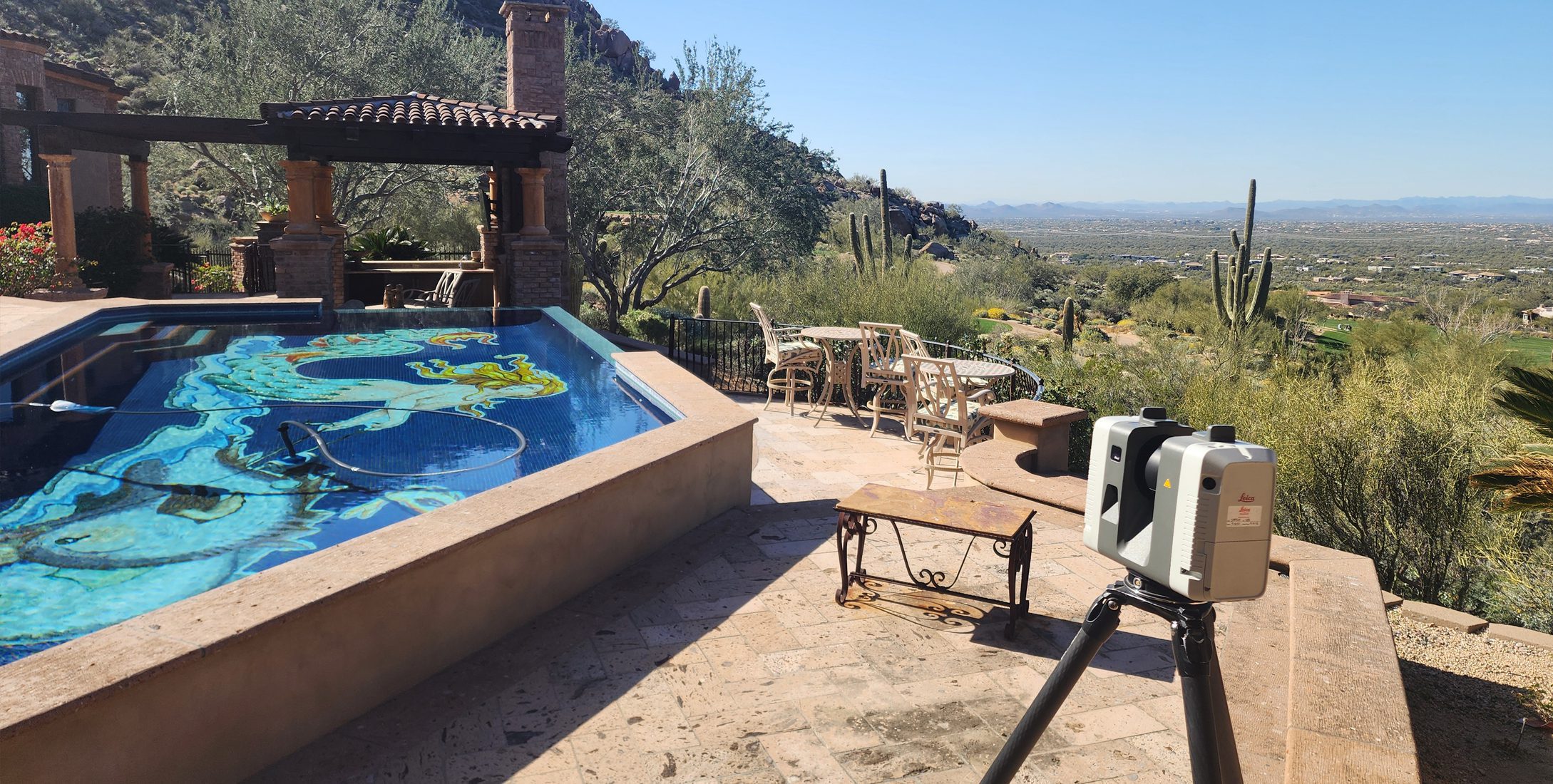 Leica RTC360 laser scanner capturing the exterior of a luxury home for high-precision 3D scanning and as-built documentation.