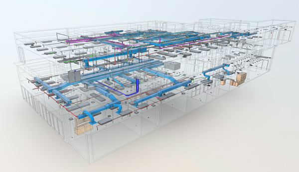 MEP BIM model showing mechanical electrical and plumbing systems captured through LiDAR laser scanning for as-built documentation
