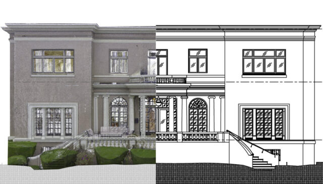 Split building image showing real exterior next to as-built drawings linework