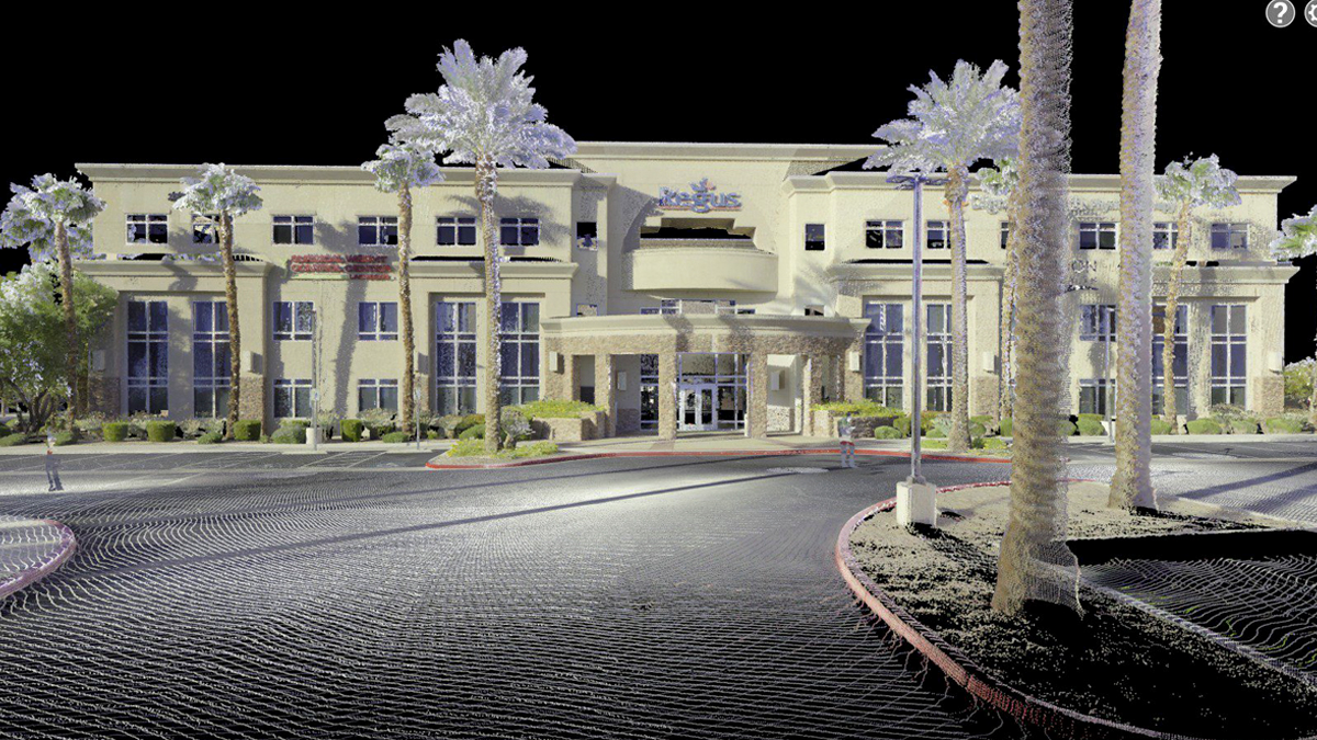 Exterior building point cloud scan showing full facade documentation from LiDAR laser scanning services