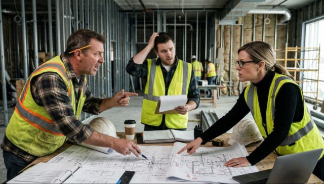 A foreman, engineer, and architect in hi-vis vests having an animated disagreement over a set of construction blueprints.