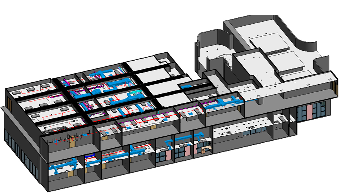 BIM model showing MEP systems in office ceiling captured through 3D laser scanning for as-built documentation