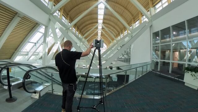 LiDAR scanner capturing as-built data in a large interior atrium