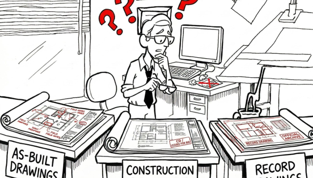 Illustration comparing as-built drawings, construction documents, and record drawings