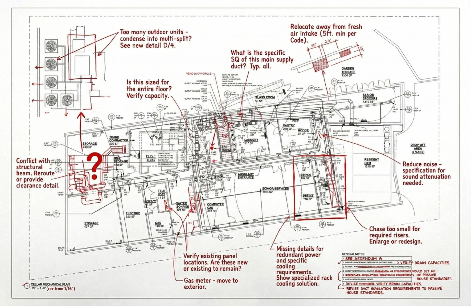 Redlined record drawing markup showing field changes and coordination notes on a plan sheet