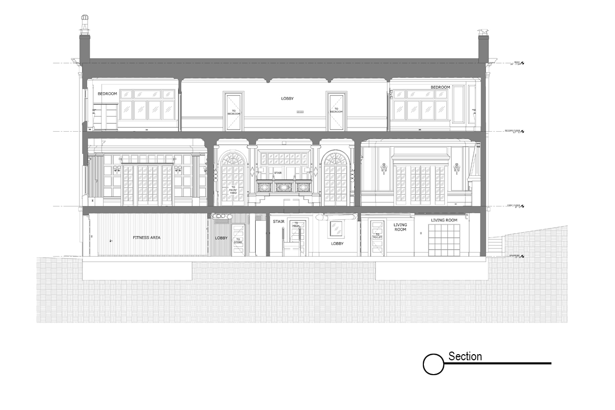 Building section drawing showing interior layout and floor-to-floor heights across multiple levels