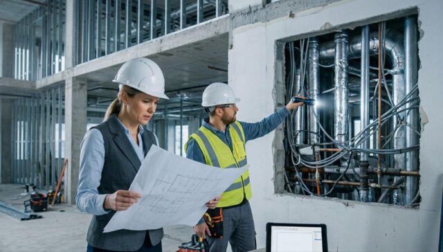 Architect and contractor reviewing construction as-built drawings while inspecting MEP systems during building renovation
